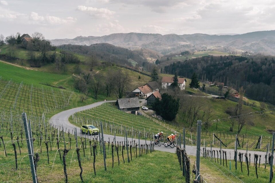 Eine malerische Landschaft mit sanften Hügeln und Weinreben. Radfahrer fahren entlang einer kurvenreichen Straße in der Nähe eines kleinen Bauernhauses. | © EXPA