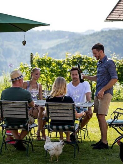 Eine sanfte Hügelandschaft mit Weinreben erstreckt sich bis zum Horizont. Auf dem Hügel steht ein charmantes Haus, umgeben von hohen Bäumen. | © TVBSuedsteiermark-TomLamm.jpg