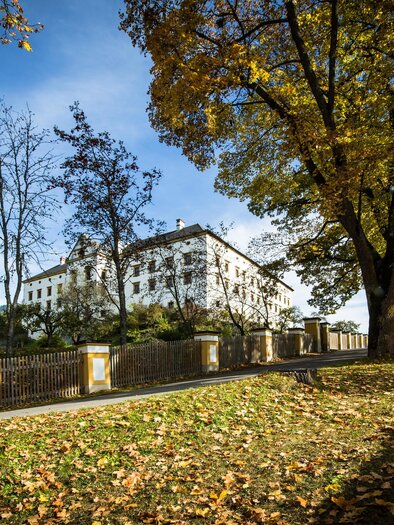 Ein elegantes Gebäude umgeben von herbstlichen Bäumen. Die bunten Blätter fallen auf den Boden und schaffen eine malerische Atmosphäre.