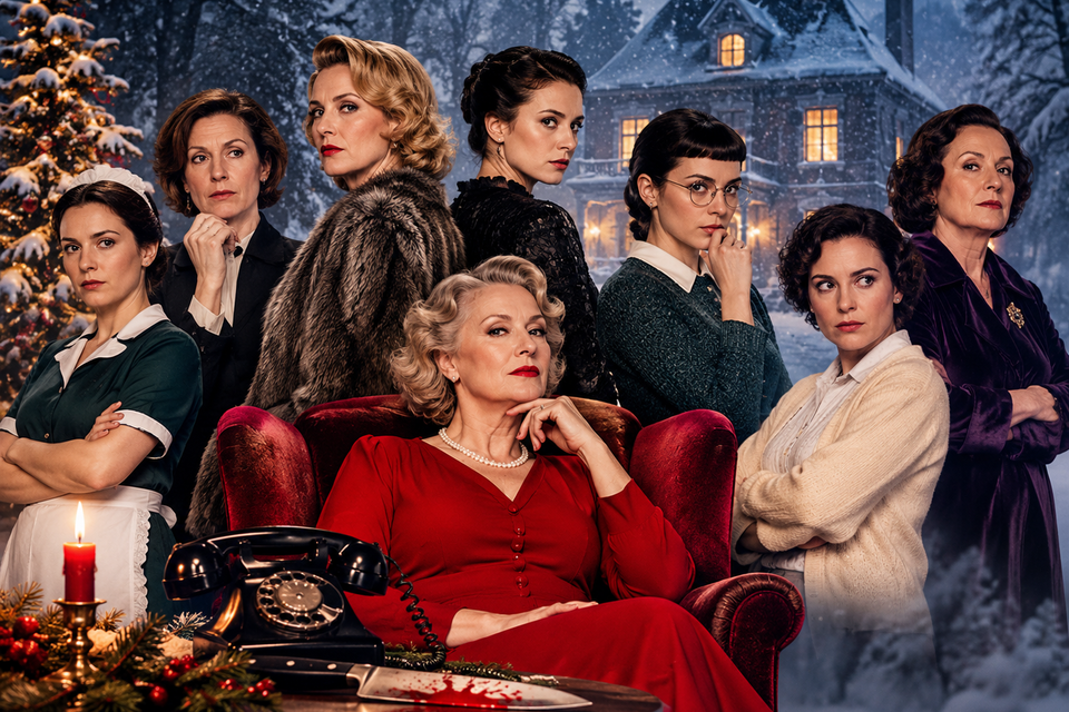 Acht Frauen in historischen Kleidern vor winterlicher Kulisse. Im Vordergrund stehen ein rotes Sofa, ein Telefon und ein Messer. | © ChatGPT-Christine Rotschädl