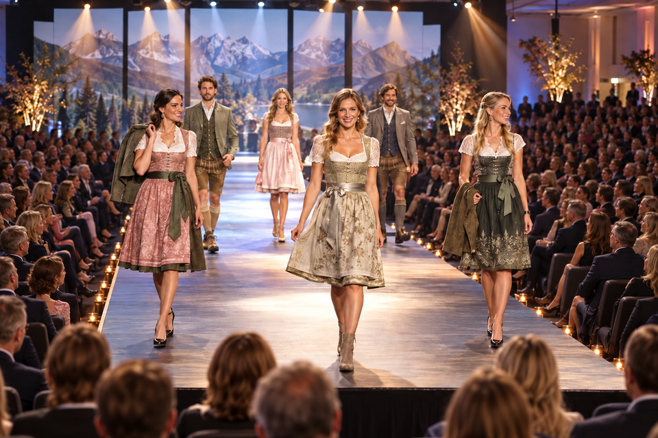 Models präsentieren Dirndl und Lederhosen auf einem Laufsteg vor Publikum. | © ChatGPT-Christine Rotschädl