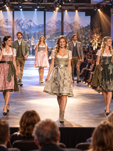 Models präsentieren Dirndl und Lederhosen auf einem Laufsteg vor Publikum. | © ChatGPT-Christine Rotschädl