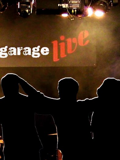 Eine Gruppe von Menschen steht silhouettenartig vor einer Bühne mit bunten Lichtern. Im Hintergrund ist ein Banner mit der Aufschrift "bluegarage live" zu sehen. | © Bluegarage