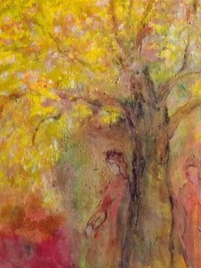 An impressionist painting featuring a large tree with bright yellow leaves. In the foreground, shadowy figures can be seen in warm colors. | © Kulturelle ARGE Grundlsee