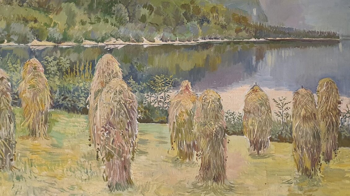 <p>Das Gemälde von Edith Kramer, welches sich "Heumandln am Grundlsee" nennt.</p> | © A. Schoiswohl