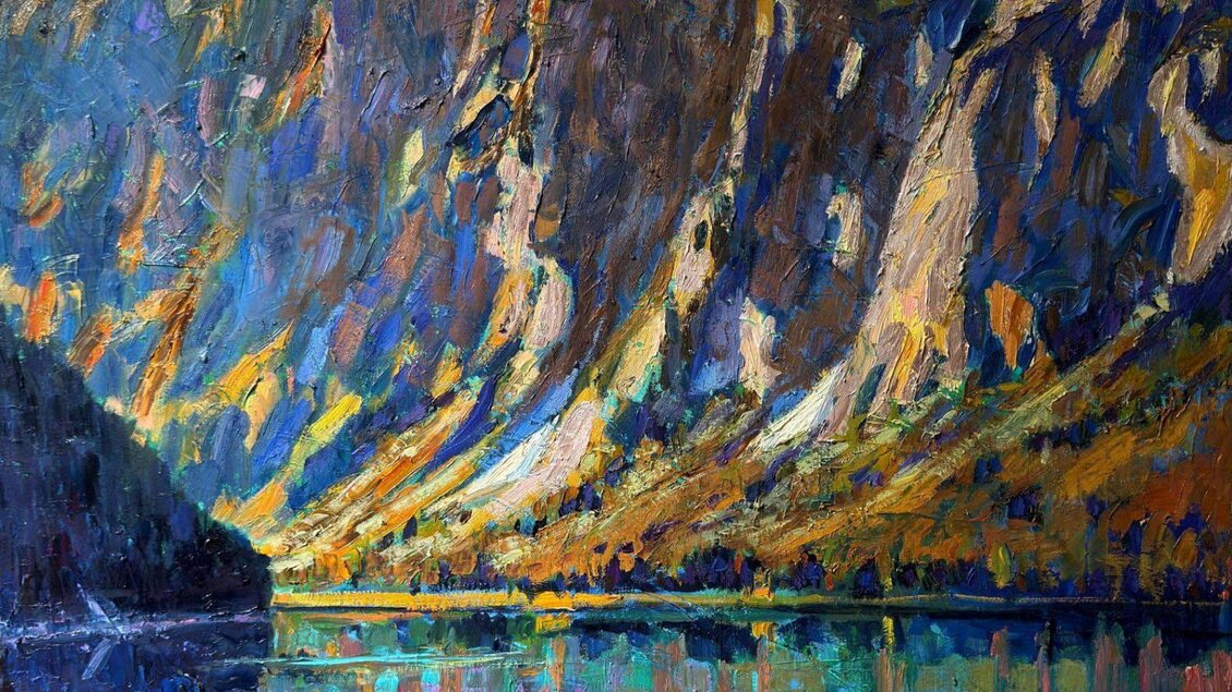 Bildnerische Darstellung vom Leopoldsteinersee mit Seemauer in der Galerie Taith in Altaussee. Die bunten Farben des Gemäldes verleihen der Szenerie eine lebendige Atmosphäre. | © taith-contemporary-altaussee-leopoldsteinersee-mit-seemauer-gottfried-pengg-auheim-foto-taith-contemporary
