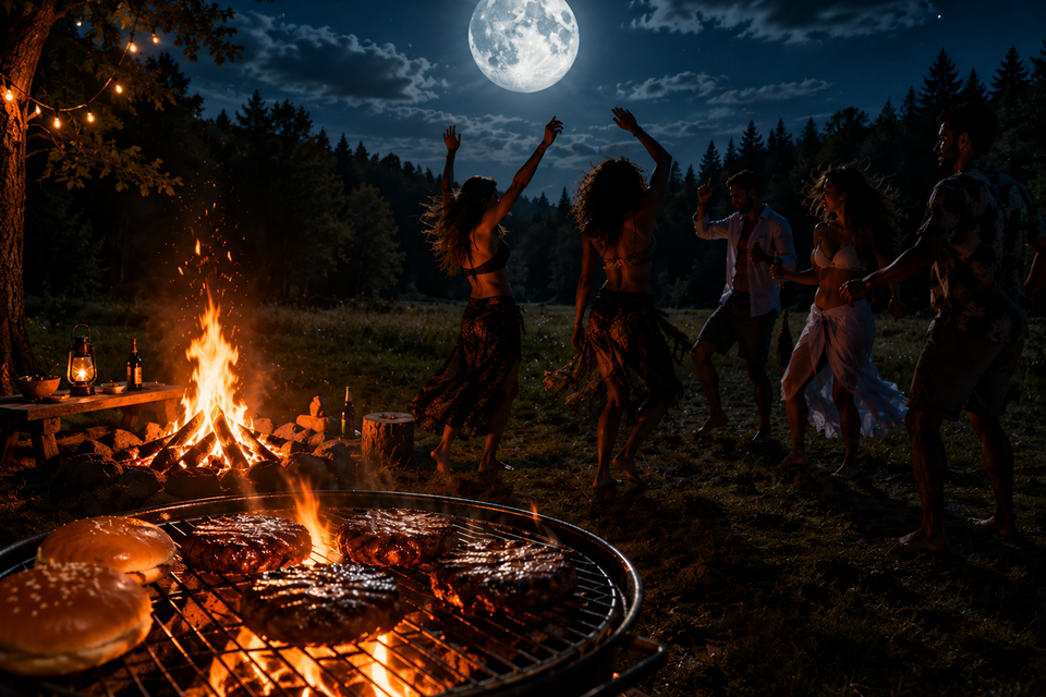 Menschen tanzen bei einer Vollmond-Party am Lagerfeuer auf einer Wiese, Grill im Vordergrund. | © ChatGPT-Christine Rotschädl
