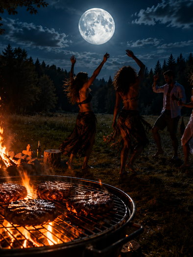 People are dancing at a full moon party around a campfire on a meadow, grill in the foreground. | © ChatGPT-Christine Rotschädl