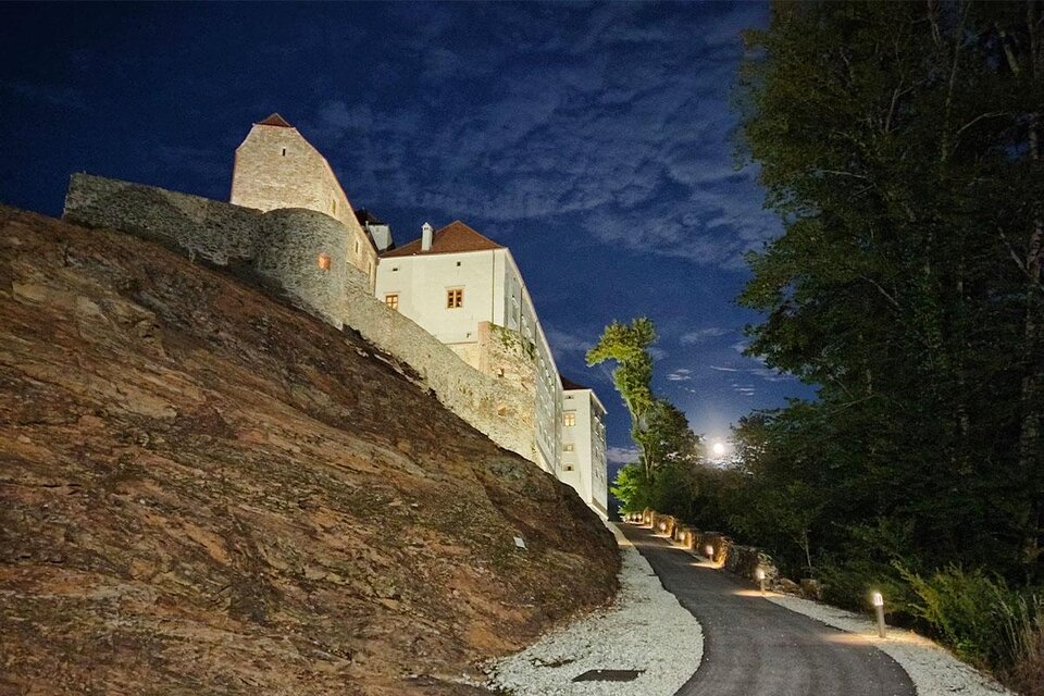 Eine beeindruckende Burg auf einem Hügel, beleuchtet bei Nacht. Der Weg zur Burg ist klar sichtbar und von Bäumen umgeben. | © Gartenschloss Herberstein