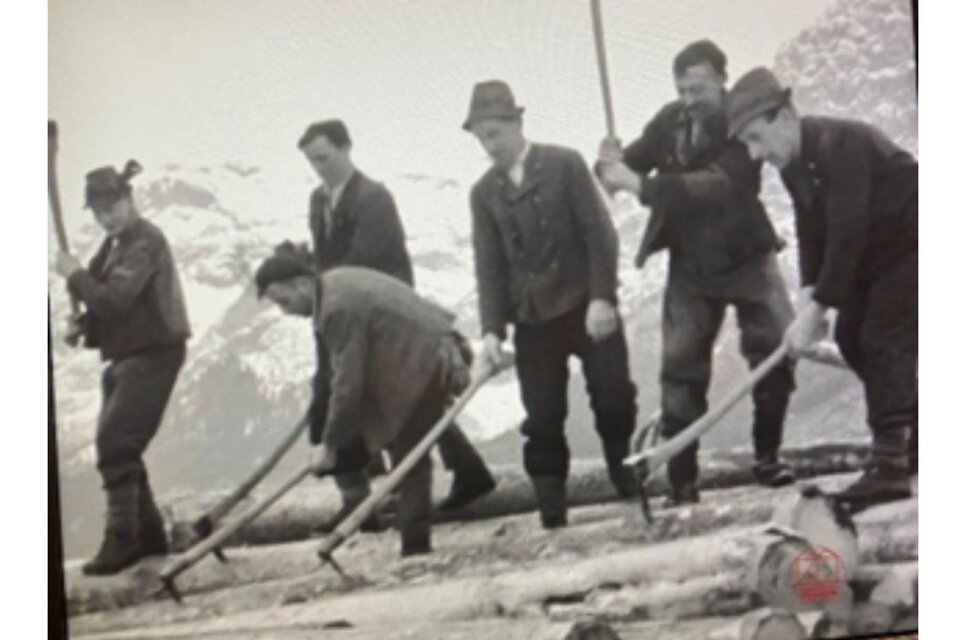 Eine historische schwarzweiß Fotografie zeigt Arbeiter der Steiermärkischen Landesforste bei der Arbeit. | © Kammerhofmuseum