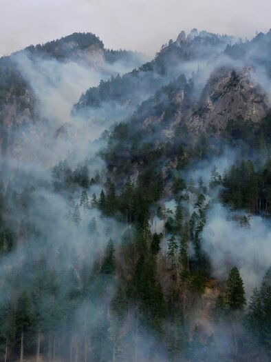 Ein nebliger Berg mit dichten Wäldern. Die Atmosphäre wirkt mystisch und geheimnisvoll. | © Hermann Kain