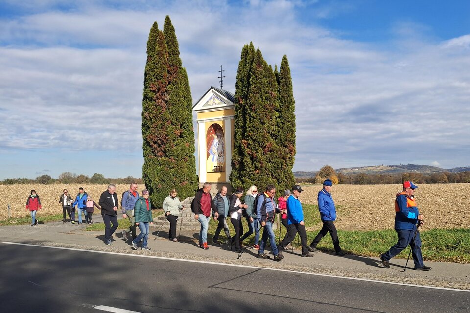 Eine Gruppe von Menschen wandert entlang einer Straße. Im Hintergrund steht eine religiöse Statue, umgeben von hohen Bäumen und einem klaren Himmel. | © Edi Kager