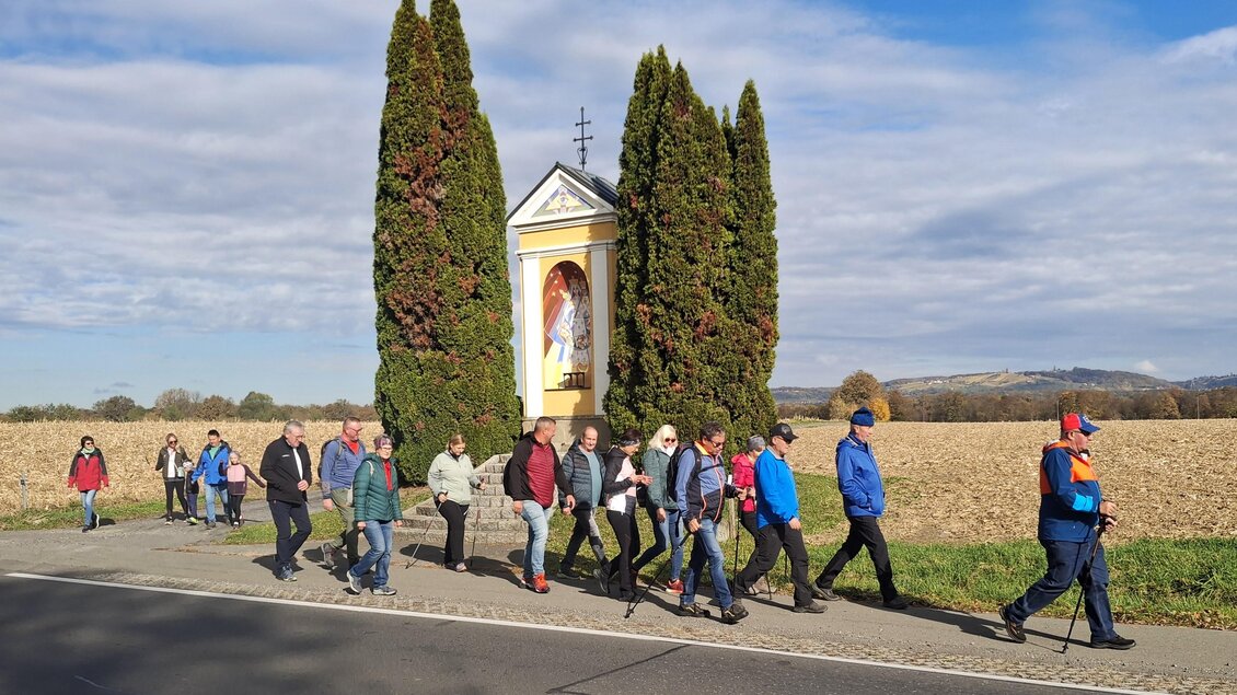 Eine Gruppe von Menschen wandert entlang einer Straße. Im Hintergrund steht eine religiöse Statue, umgeben von hohen Bäumen und einem klaren Himmel. | © Edi Kager
