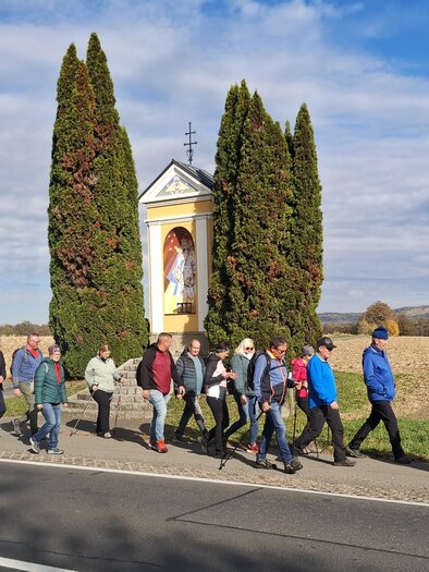 Eine Gruppe von Menschen wandert entlang einer Straße. Im Hintergrund steht eine religiöse Statue, umgeben von hohen Bäumen und einem klaren Himmel. | © Edi Kager