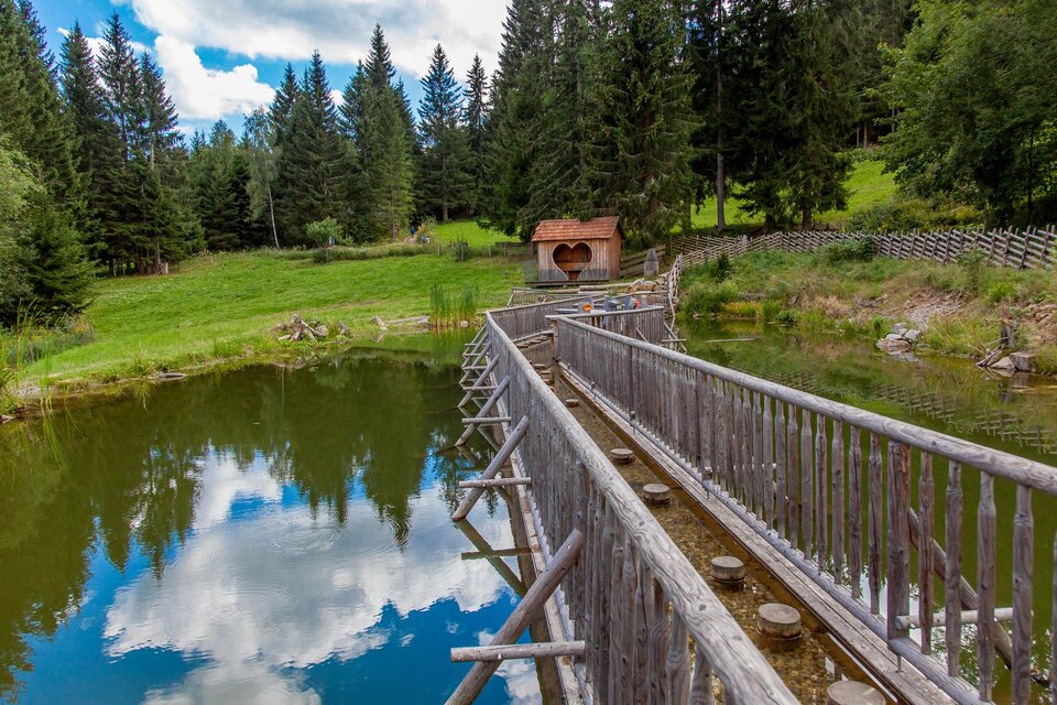 Eine Holzbrücke führt über einen ruhigen See, umgeben von hohen Bäumen. Im Hintergrund ist ein kleines Häuschen zu sehen, das die idyllische Landschaft ergänzt. | © Verein Romantischer Bründlweg