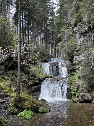 A picturesque waterfall flows between green trees and rocks. A wooden staircase runs along the water.
