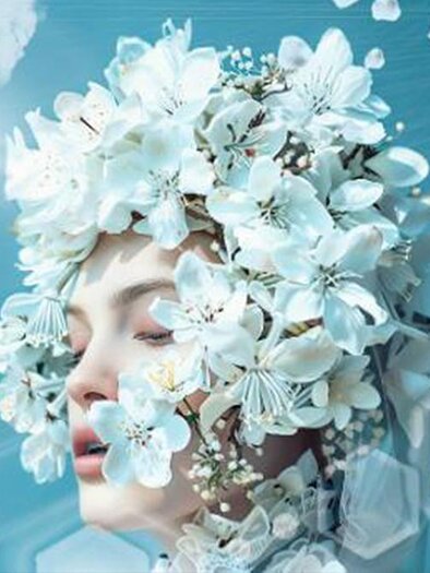 A portrait of a person wearing a headdress made of white flowers. The background is in soft shades of blue, creating a dreamy atmosphere. | ©  Segafredo Leoben