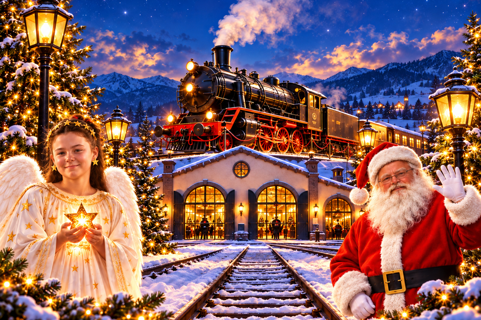 Weihnachtliche Szene beim Technischen Eisenbahnmuseum Lieboch mit beleuchteter Dampflokomotive, verschneiten Gleisen, Christkind und Weihnachtsmann vor festlich geschmückten Tannenbäumen. | © ChatGPT-Christine Rotschädl