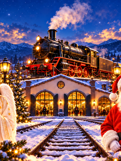 Weihnachtliche Szene beim Technischen Eisenbahnmuseum Lieboch mit beleuchteter Dampflokomotive, verschneiten Gleisen, Christkind und Weihnachtsmann vor festlich geschmückten Tannenbäumen. | © ChatGPT-Christine Rotschädl