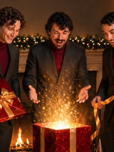 Drei Männer in Anzügen stehen begeistert um ein glitzerndes Geschenk. Im Hintergrund ist ein festlich dekorierter Weihnachtsbaum zu sehen. | © Europolis Entertainment