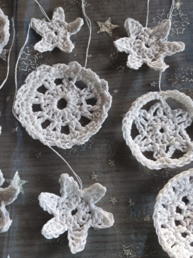 Eine dekorative Anordnung von weißen Häkelmotiven in verschiedenen Formen. Die Motive sind kunstvoll auf einem glitzernden Hintergrund drapiert. | © Gabriele Marchner Trieb