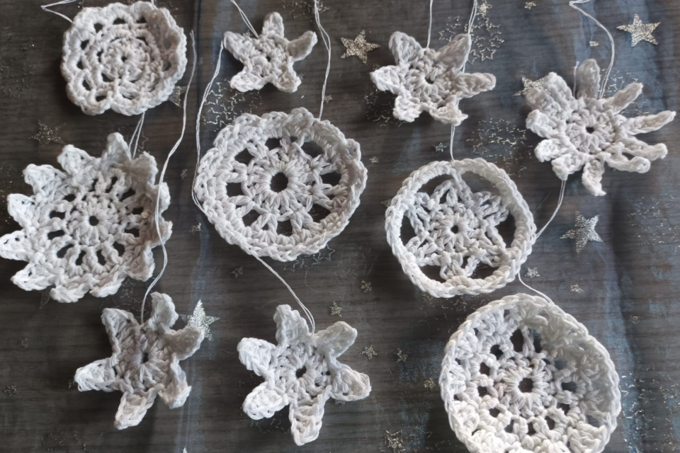 <p>Weißen Häkelmotiven in verschiedenen Formen können unter anderem beim Weihnachtsmarkt am Simalhof erworben werden. Die Motive erinnern teilweise an Schneeflocken und sind kunstvoll auf einem glitzernden Hintergrund drapiert.</p> | © Gabriele Marchner Trieb