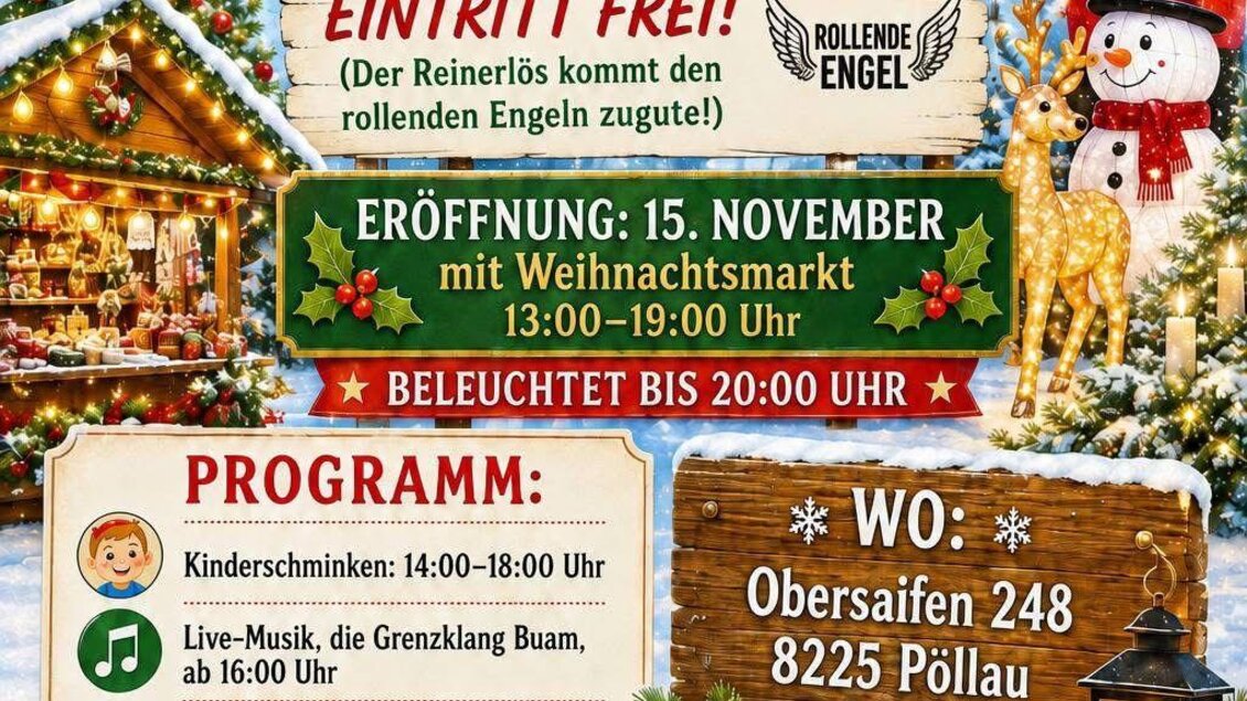Ein lebhaftes Weihnachtsmarkt-Plakat mit festlicher Dekoration, einem Weihnachtsbaum und einem Schneemann. Es werden verschiedene Aktivitäten und ein Zeitraum für den Weihnachtsmarkt angekündigt. | © Wiesenhofer