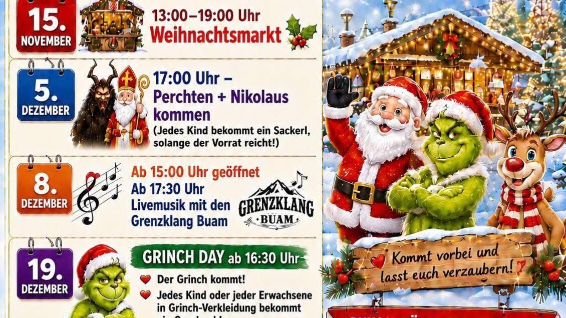 Ein festliches Plakat für die Weihnachtswunderwelt in Steiermark. Es zeigt verschiedene Termine und Veranstaltungen von 15. November 2026 bis 6. Januar 2027. | © Wiesenhofer