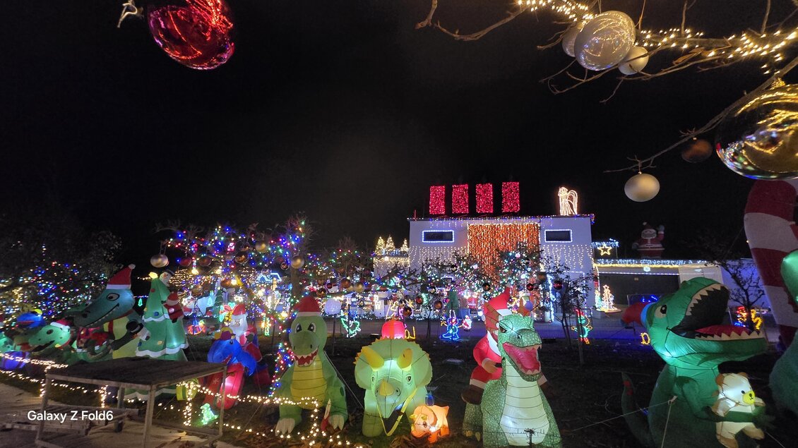 Eine festlich dekorierte Szenerie mit bunten Lichtern und Weihnachtsfiguren. Im Vordergrund stehen leuchtende Dinosaurier in Weihnachtsmützen. | © Wiesenhofer