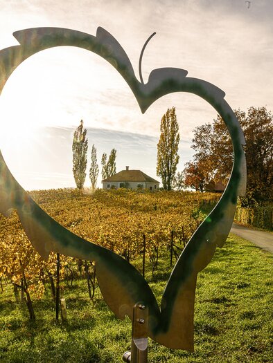 A heart made of metal frames a picturesque landscape with vineyards and a house in the background. The sun shines through the heart, creating a warm atmosphere. | © © pixekmaker.at
