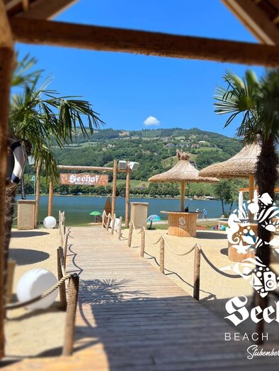 Ein schöner Strandbereich mit Palmen und einer Holzplattform. Im Hintergrund ist ein ruhiger See und sanfte Hügel zu sehen. | © Seehof-Beachclub