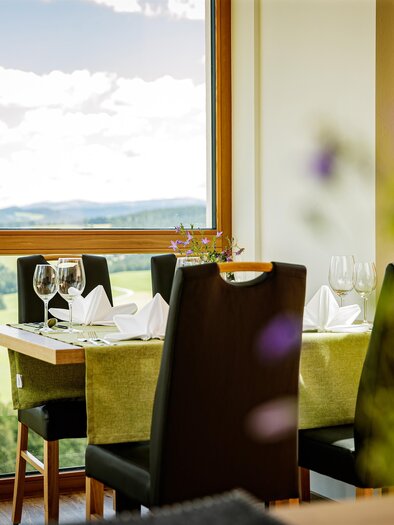 Zu sehen ist das Restaurant im Amlblick mit gedecktem Tisch und ausblick ins Grüne. | © Almblick