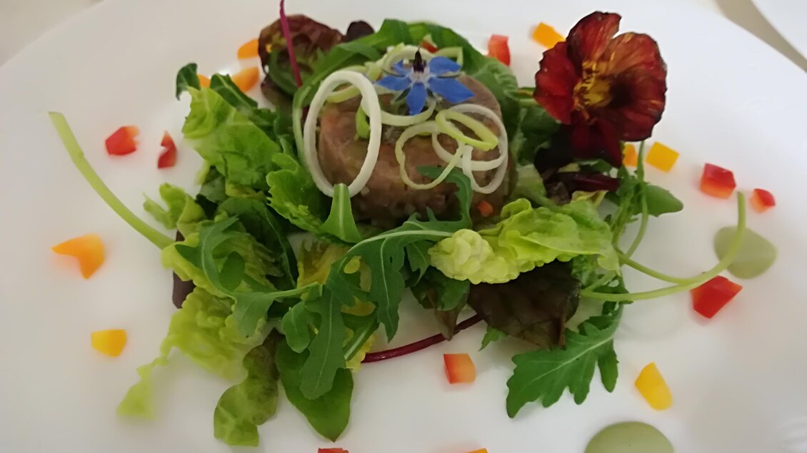 Ein kunstvoll angerichteter Teller mit einem Fleischgericht auf einem Bett aus frischem Blattsalat. Bunte Gemüsedekoration und essbare Blumen verleihen dem Gericht einen besonderen Akzent. | © GH Willingshofer
