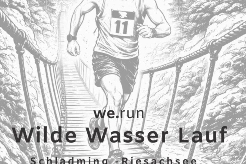 Ein Läufer in sportlicher Kleidung überquert eine Holzbrücke in den Bergen. Das Event findet am 10. Oktober 2026 statt und heißt „Wilde Wasser Lauf“. | © Alpenverein und Bergrettung Schladming