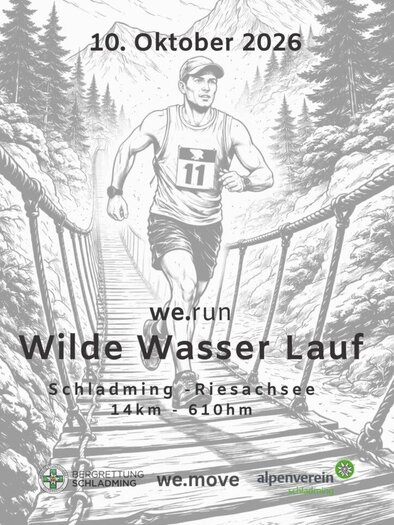 Ein Läufer in sportlicher Kleidung überquert eine Holzbrücke in den Bergen. Das Event findet am 10. Oktober 2026 statt und heißt „Wilde Wasser Lauf“. | © Alpenverein und Bergrettung Schladming