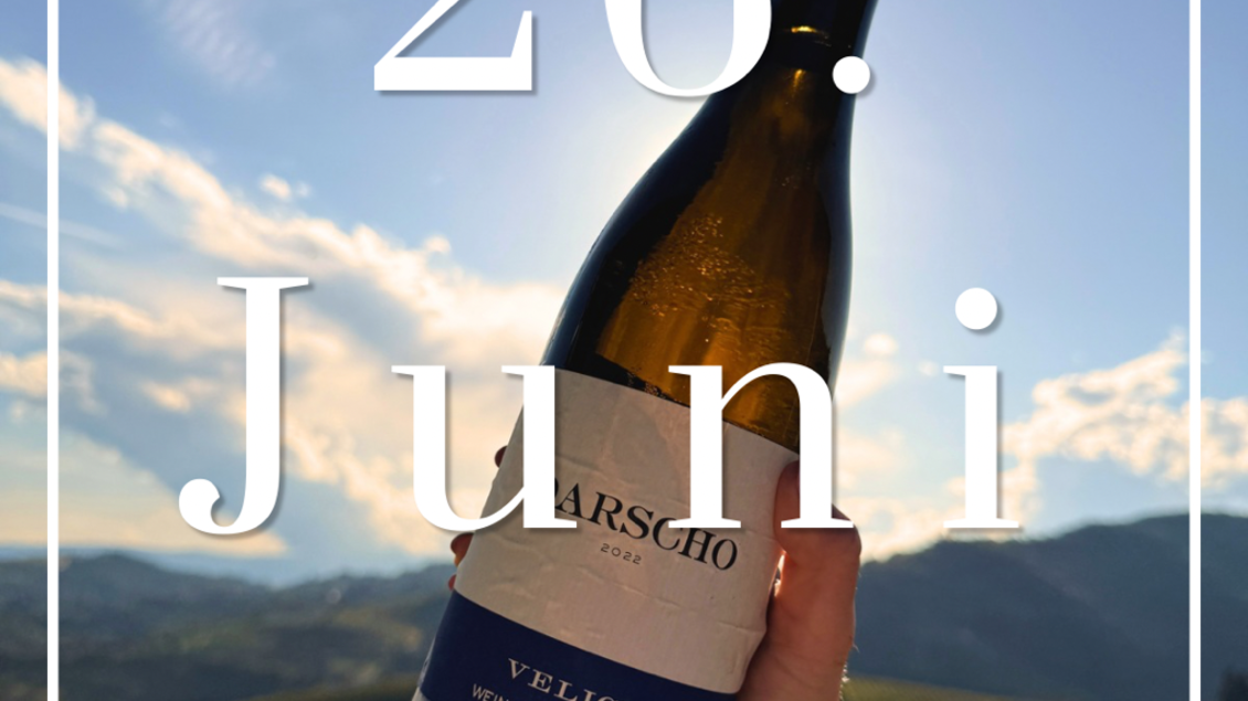 Eine Person hält eine Flasche Wein mit der Aufschrift "Vellich" in der Hand. Im Hintergrund sind sanfte Hügel und ein klarer, blauer Himmel zu sehen. | © Das Weinkitz