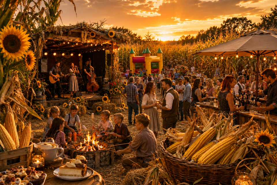 Besucher genießen das Woazln im Maisacker in Premstätten mit Live-Musik, Lagerfeuer, Maisfeld und Abendstimmung. | © ChatGPT-christine rotschädl