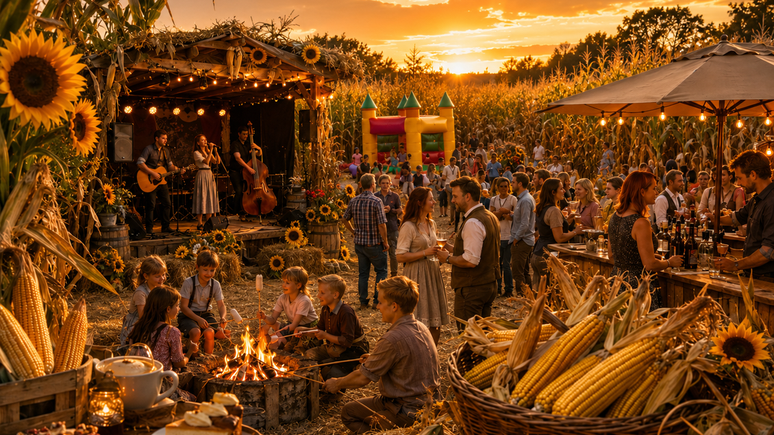 Besucher genießen das Woazln im Maisacker in Premstätten mit Live-Musik, Lagerfeuer, Maisfeld und Abendstimmung. | © ChatGPT-christine rotschädl