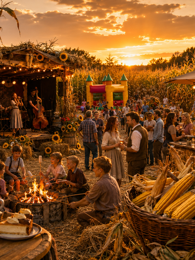 Visitors enjoy the Woazln in the cornfield in Premstätten with live music, campfire, cornfield, and evening atmosphere. | © ChatGPT-christine rotschädl