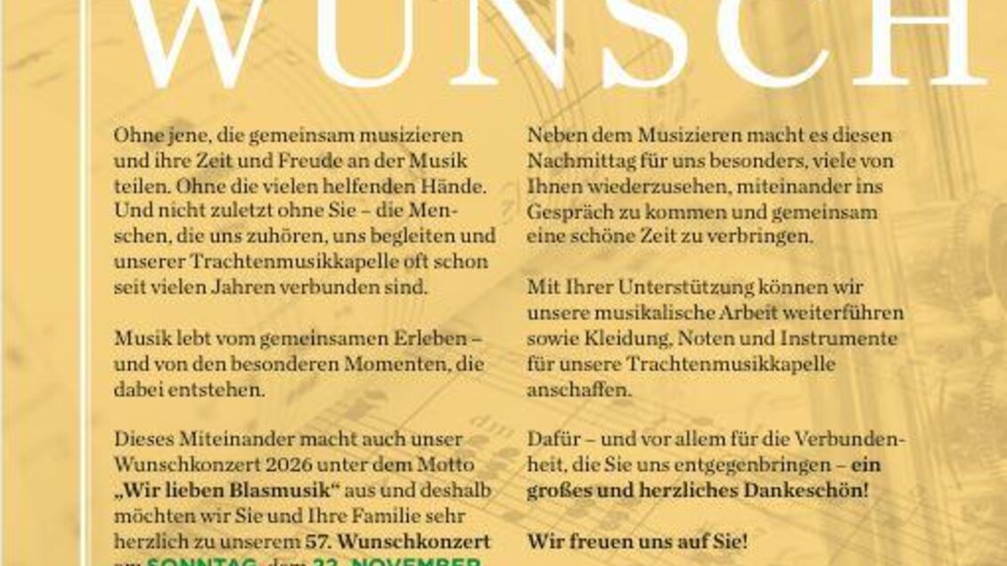 Eine Einladung zur musikalischen Veranstaltung der Trachtenmusikkapelle. Sie findet am 22. November 2026 im Schloss Trauttenfels statt. | © tmk pürgg