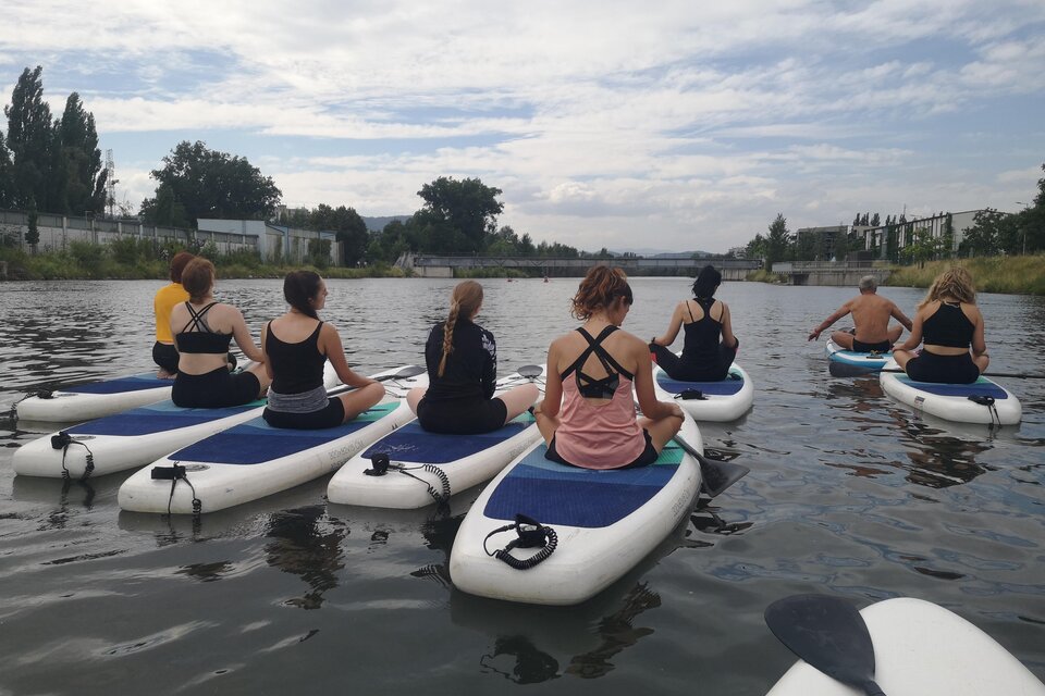 Eine Gruppe von Menschen paddelt auf Stand-Up-Paddle-Boards auf einem ruhigen Wasser. Die Umgebung ist grün mit Bäumen und einem klaren Himmel.