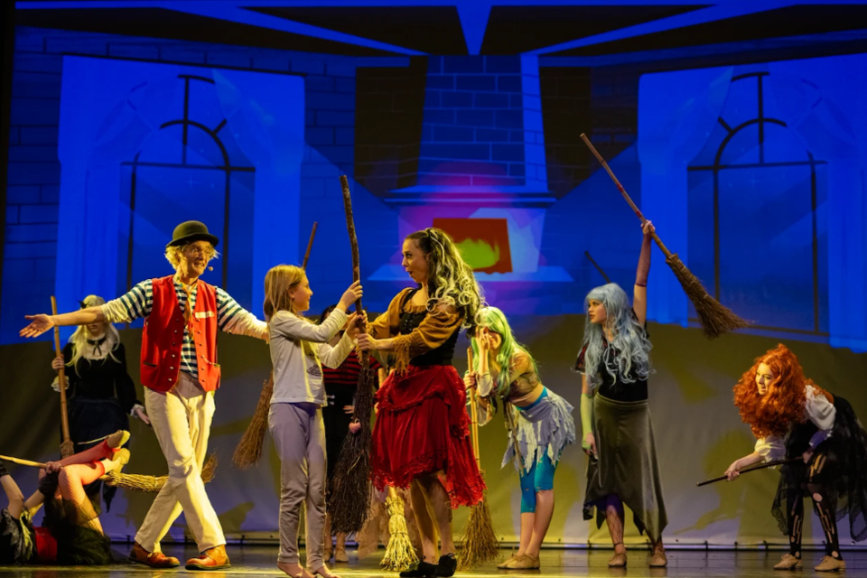 Eine lebhafte Theateraufführung mit Schauspielern in fantasievollen Kostümen. Die Charaktere halten Besen und interagieren auf einer bunten Bühne. | © Website Oststeiermark