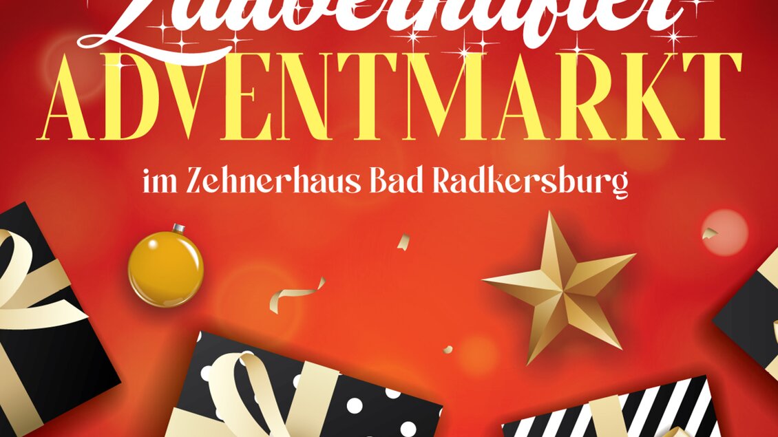 Ein festliches Bild für einen Adventmarkt mit Geschenkpaketen, Sternen und Lichtern. Der Hintergrund ist rot und weihnachtlich dekoriert. | © Zehnerhaus Bad Radkesburg