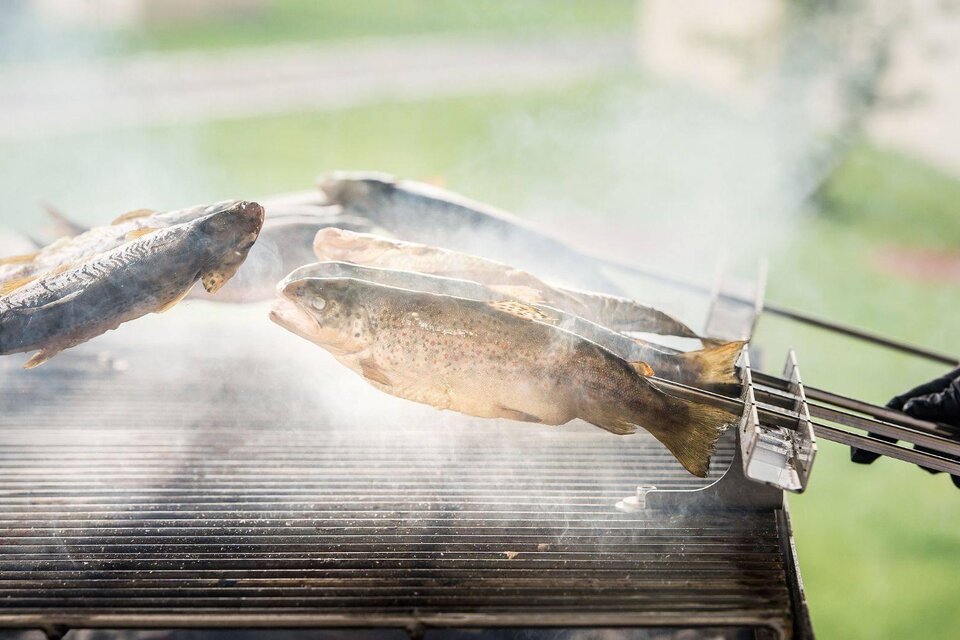 Frisch gegrillter Fisch auf einem Grill. Rauch steigt auf, während der Fisch mit einer Grillgabel gewendet wird. | © Tauroa