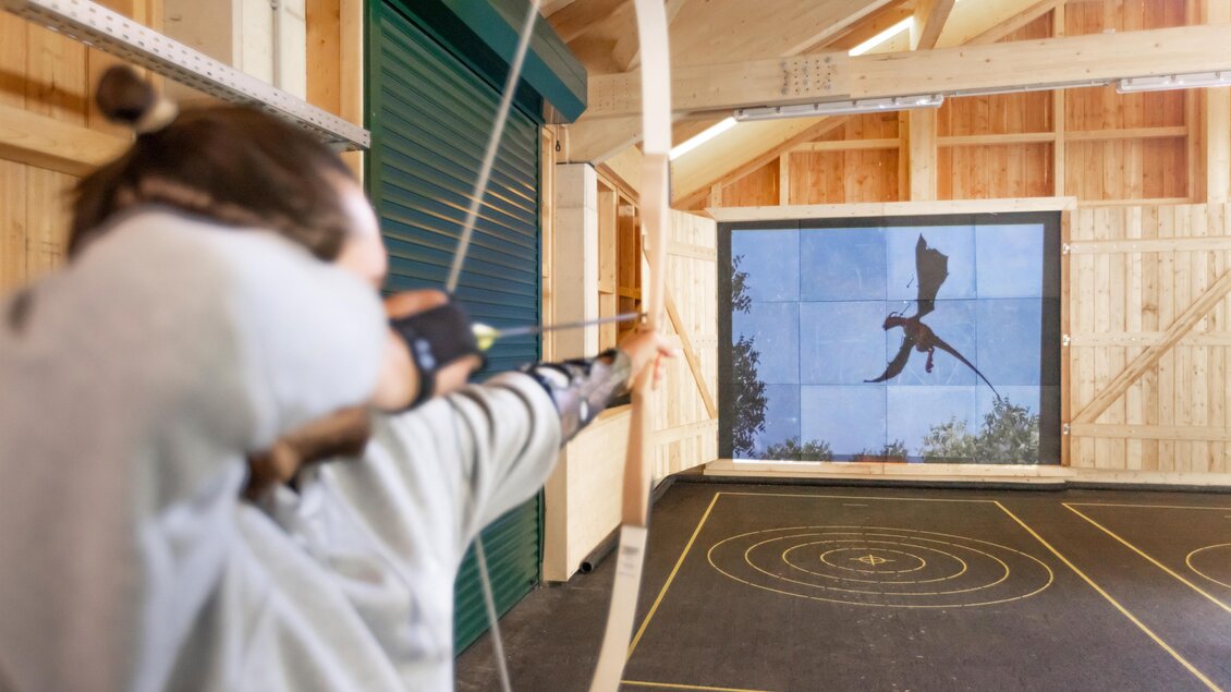 Eine Person schießt mit einem Bogen auf ein Zielbild einer fliegenden Taube. Der Raum ist aus Holz und bietet eine Indoor-Umgebung für Bogenschießen. | © Narzissendorf Zloam, www.zloam.at
