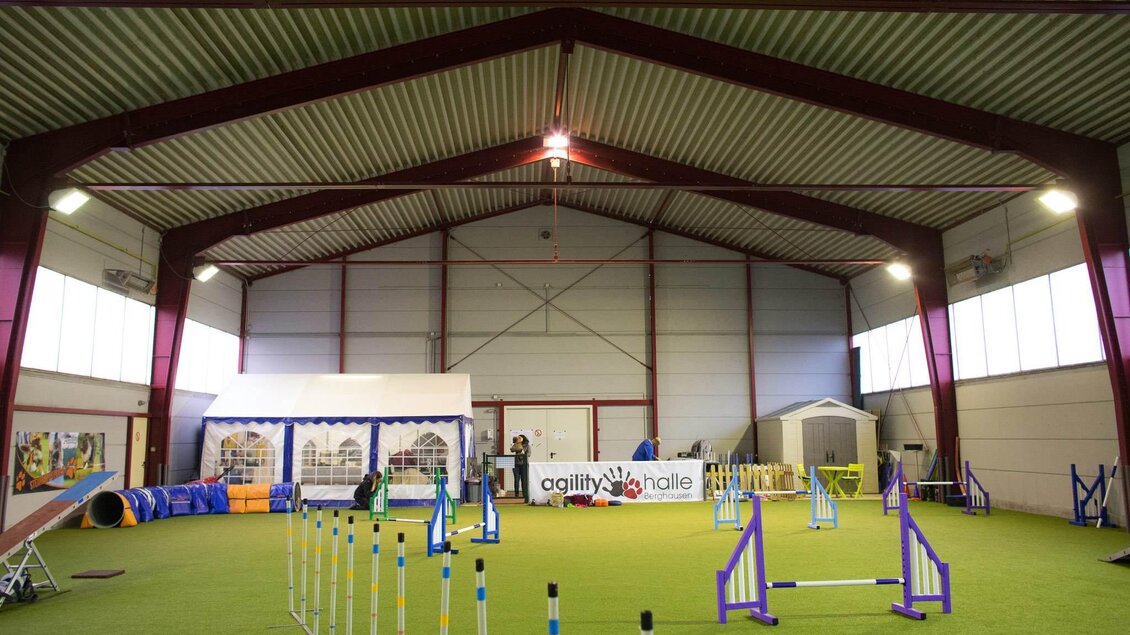 Eine große Trainingshalle für Agility mit einem grünen Rasenboden. Mehrere Hindernisse und Geräte sind für den Hundesport aufgebaut. | © Simone Ullrich-Pansi