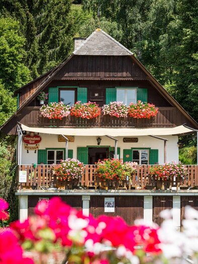 Holzhaus mit Blumenschmuck und Sonnenterrasse umgeben von grünen Wäldern | © TV Region Graz - René Vidalli