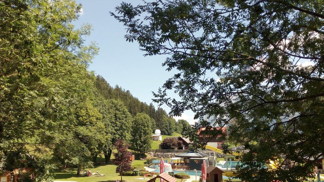 <p>Die grüne Landschaft mit vielen Bäumen und einer großen Liegewiese rund um das Alpenbad in Bad Mitterndorf. Im Hintergrund sind Schwimmbecken und die gelbe Rutsche sichtbar.</p> | © Johanna Provatopoulos
