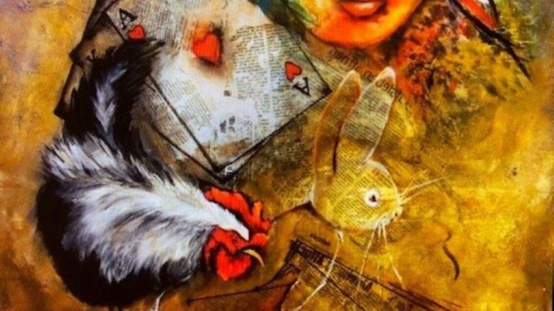 Ein kreatives Kunstwerk mit einer Frauengesicht in lebhaften Farben. Um sie herum sind verschiedene Elemente wie eine Katze, ein Kaninchen und Papierseiten dargestellt. | © Meister Rosa