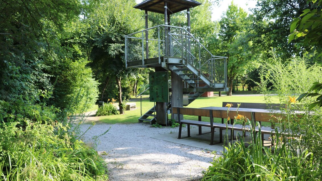 Ein ruhiger Park mit einem Holzsteg und einer Aussichtsplattform. Umgeben von üppigem Grün und Sitzgelegenheiten aus Holz. | © Julia Kerschbaumer